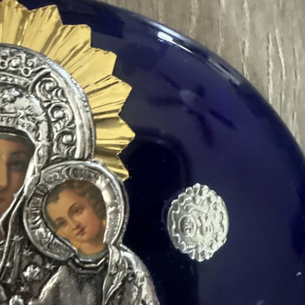 Blue glass silver tone Mother of God Mary and Jesus Christ Icon wall hanger 4.5